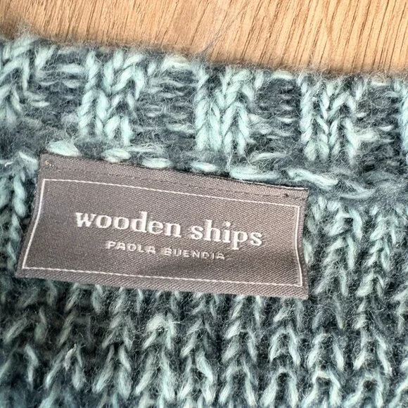 Wooden Ships cable knit pattern sweater size M/L teal blue green wool mohair - Picture 3 of 7